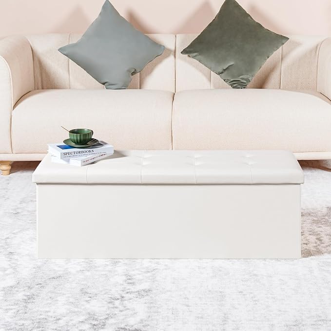 PINPLUS Folding Storage Ottoman Bench with Tray, 43.3inches Faux Leather Long Storage Chest Footrest Seat, Coffee Table, Foot of Bed Storage Bench for Living Room Bedroom, Beige - Image 5