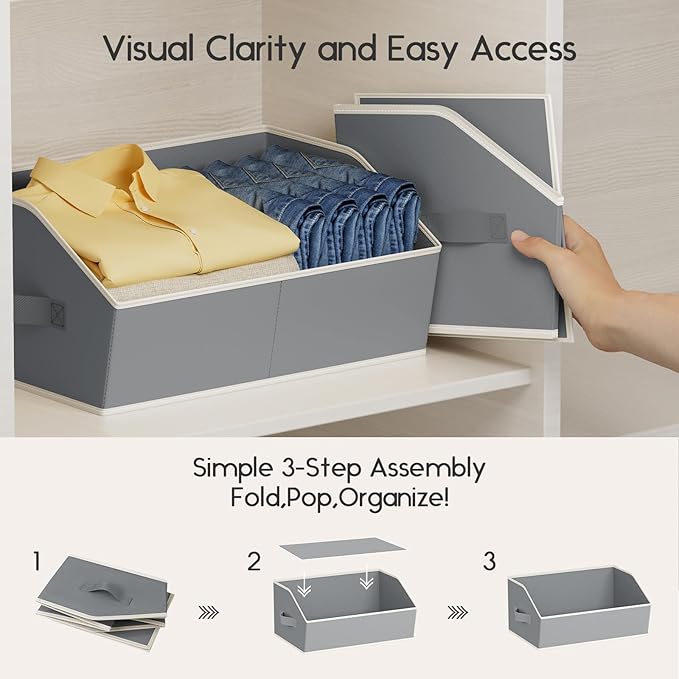 Large Closet Organizers and Storage Bins - 6 Pack Trapezoid Storage Baskets for Shelves, Foldable Fabric Baskets with Handles Ideal for Closet, Basket, Wardrobe and Shelf Storage, Grey - Image 4