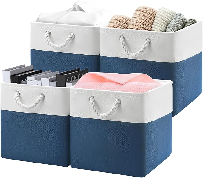 Patvingot 13-Inch Fabric Cube Storage Bins with Handles,4 Pack,Foldable | For cube shelves and closets,keeps grouped for everyday access,reinforced opening and fold-flat storage,white and blue by Patvingot