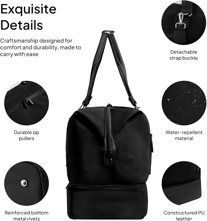 Travel Duffle Bag for Women,40L Weekender Bags Airline Approved Carry On with Shoe Compartment & Waterproof Wet Pocket, Durable Nylon Weekender Overnight Bag for Travel, Gym, Business Trip, Black - Image 6