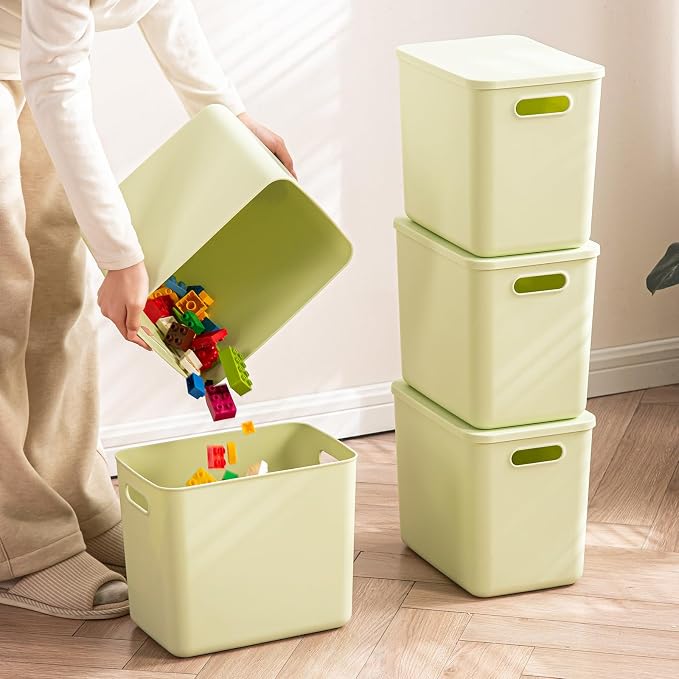 5 pack large plastic White storage bins with Lids, Toy Box Chest with Handle，Organizer Containers Baskets for Baby,Nursery，Shelves，Playroom, Bedroom，Office,Closet，home (Light Green, 5L) by Gaoaodeyu