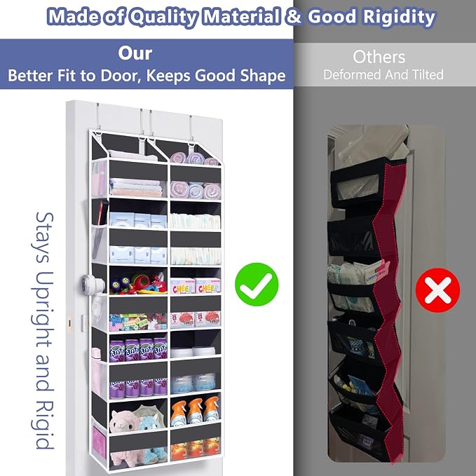 2 Pack - Over The Door Organizer 5 Tiers, Extra Large Behind Door Storage of 10 Big Front & 10 Mesh Pockets, 80lb Weight Capacity, Hanging Doors Storage for Closet Bedroom Nursery, Dark Gray - Image 3