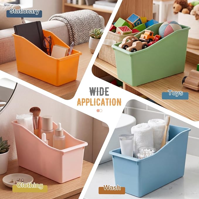 Geetery 12 Pcs Book Bin for Classroom with Labels Stackable Plastic Organizing Bins 11.5 x 5.4 x 7.5 in Book Holders Storage Bins Box Baskets for Classroom Library Home (Macaron Color) - Image 6