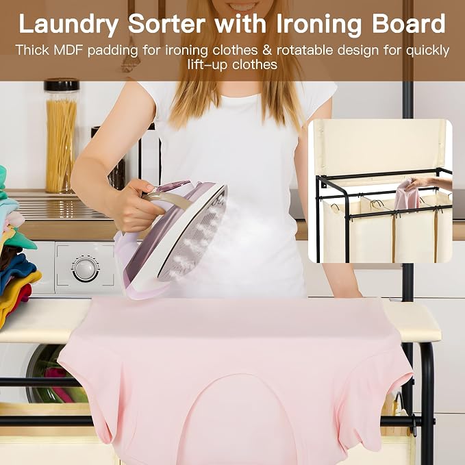 MYOYAY 3 Section Laundry Sorter with Garment Hanging Bar Rack Foldable Ironing Board, Laundry Basket Organizer Heavy Duty Laundry Hamper Rolling Cart with Lockable Wheels and 3 Removable Bags - Image 4