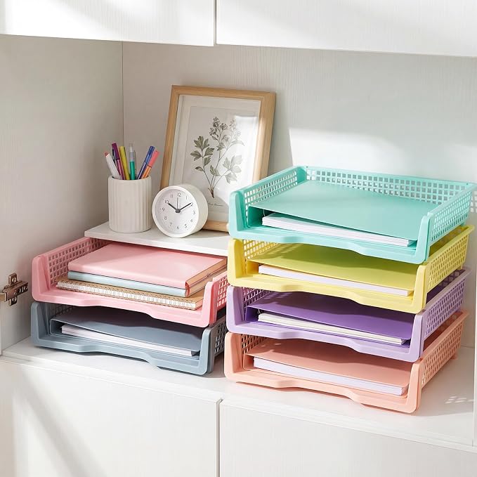 Tenceur 6 Pcs Turn in Trays Classroom, Pastel Stackable Paper Trays for Classroom Plastic Storage Baskets Teacher Organizers for Library Drawers Office Desk, 13.3 x 9.5 x 2.7 Inches - Image 6