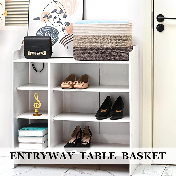 Cotton Rope Storage Baskets for Organizing 1Pack 15"x10"x9" Woven Baskets for Storage,Shelf Baskets Cube Storage Bins Towel Baskets for Bathroom,Toys Baskets Nursery Basket Laundry Baskets(White/Brown) - Image 8