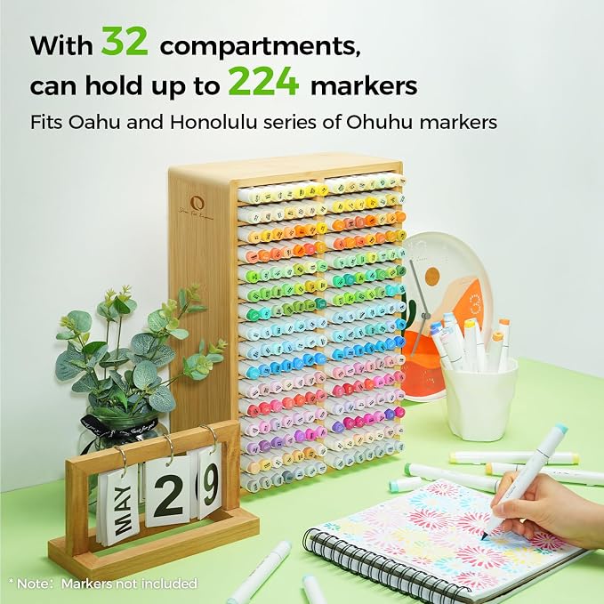 Ohuhu Bamboo Marker Organizer Hold 224 Markers for Honolulu Oahu Series | Markers Pens Pencils Stationary Organizer Holder Desktop Storage with 32 Compartments for Classroom Office Decor Home - Image 3