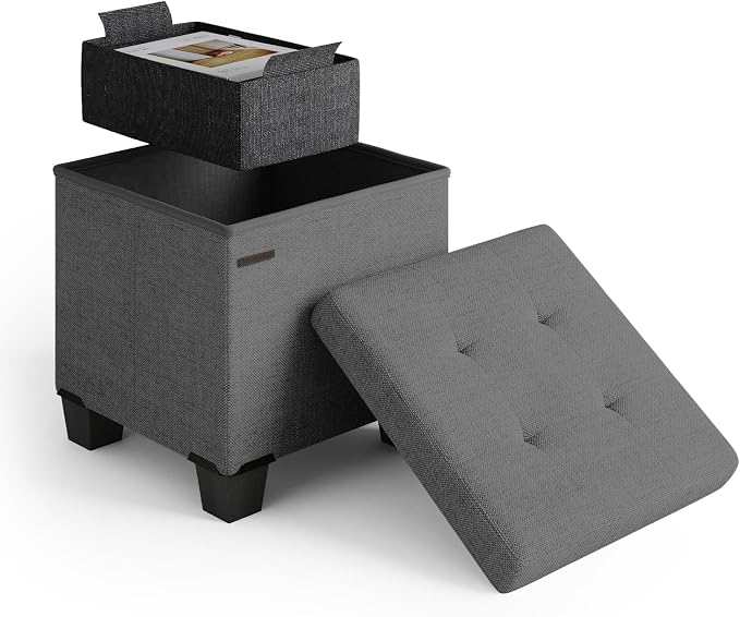 Storage Ottoman Cube with Small Bin, 15-in Square Ottoman with Storage for Living Room and Bedroom, Small Ottomans Foot Rest, Fabric Foot Stools Ottomans Max 330lbs, Grey by STORAGEBUD