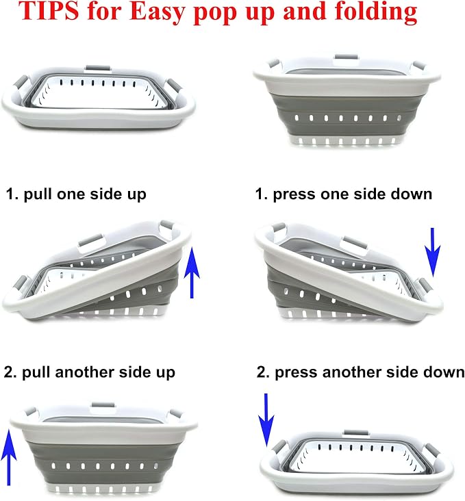 SAMMART 41L (10.8 gallon) Set of 2 Collapsible 3 Handled Plastic Laundry Basket-Foldable Pop Up Storage Container/Organizer-Space Saving Hamper/Basket (2, White/Grey) - Image 8