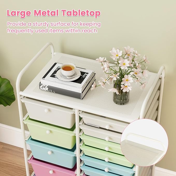 15 Drawer Rolling Storage Cart, Rolling Cart with Drawers for Classroom, Art Supply Craft Organizer on Wheel with Metal Frame & Handles for Home Office School (Ice cream color, 15 Drawer) - Image 5