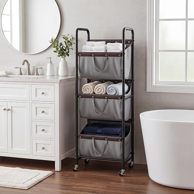 GRANNY SAYS 3 Tiered Laundry Sorter, Narrow Hamper Cart with Wheels | Sturdy 3 Section Laundry Basket with Wheels, Vertical Grey Hamper Cart for Bedroom, Bathroom, Apartment - Image 7