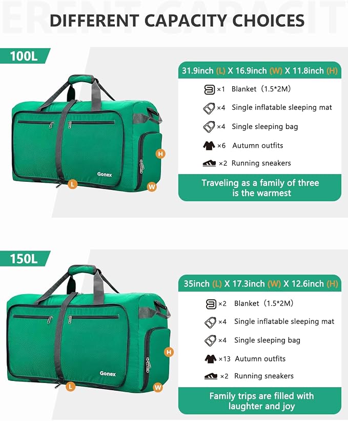 Gonex 60L Foldable Travel Duffle Bag with Shoe Compartment, Lightweight | 210D Nylon, Water-Repellent, Folds Compact, Multiple Pockets, Luggage Sleeve, Weekend Trips & Camping, Mint Green - Image 5
