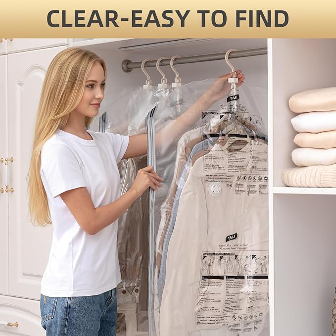 TAILI Hanging Vacuum Storage Bags for Clothes Space Saver 4 Combo Clear | Vacuum Seal Bags for Clothing Travel, Winter Clothes Storage Closet Organizers, Garment, Coats, Suits and Jackets - Image 6
