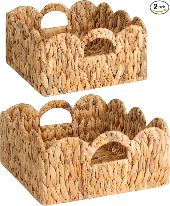 StorageWorks Scalloped Basket for Shelves, Water Hyacinth Storage Baskets | Woven Baskets for Storage, Wicker Storage Baskets for Shelves, Large Wicker Basket, Shelf Basket with Handles, 2 Pack by StorageWorks