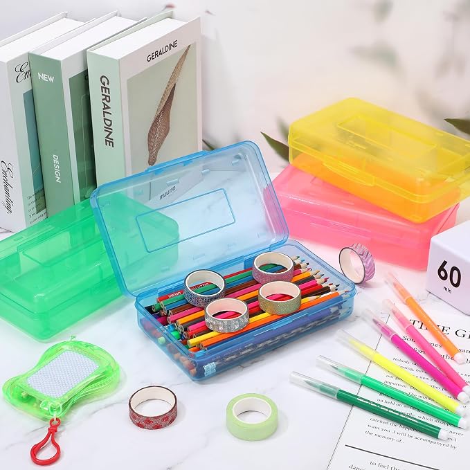 Fainne 12 Pcs Plastic Pencil Boxes Bulk,Clear Pencil Case,Bright Colors | Large Organizer for Crayons Markers, See-through Design, Multi-purpose School Supplies Storage, Secure Snap Lid Closure - Image 4