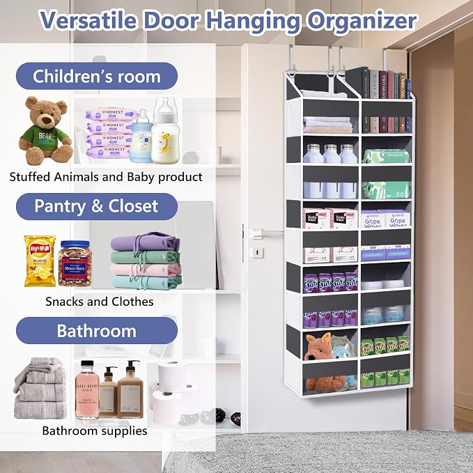 2 Pack - Over The Door Organizer 5 Tiers, Extra Large Behind Door Storage of 10 Big Front & 10 Mesh Pockets, 80lb Weight Capacity, Hanging Doors Storage for Closet Bedroom Nursery, Dark Gray - Image 5