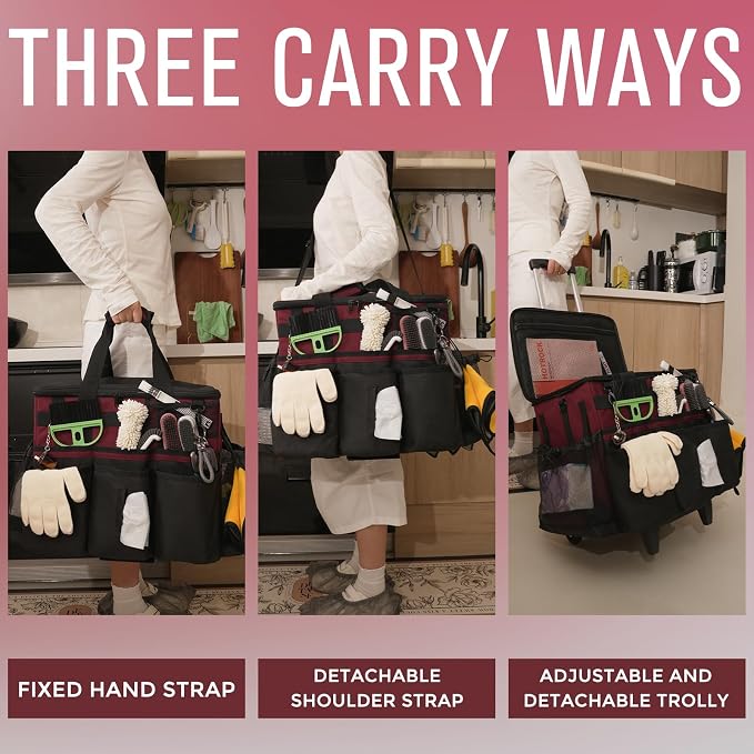 SCAVATA Rolling Cleaning Caddy Bag with Detachable Trolley, Large Cleaning Supplies Organizer with Wheels, Multi-Pocket Cleaning Cart with Adjustable Shoulder Strap for Housekeepers (Magenta) - Image 6