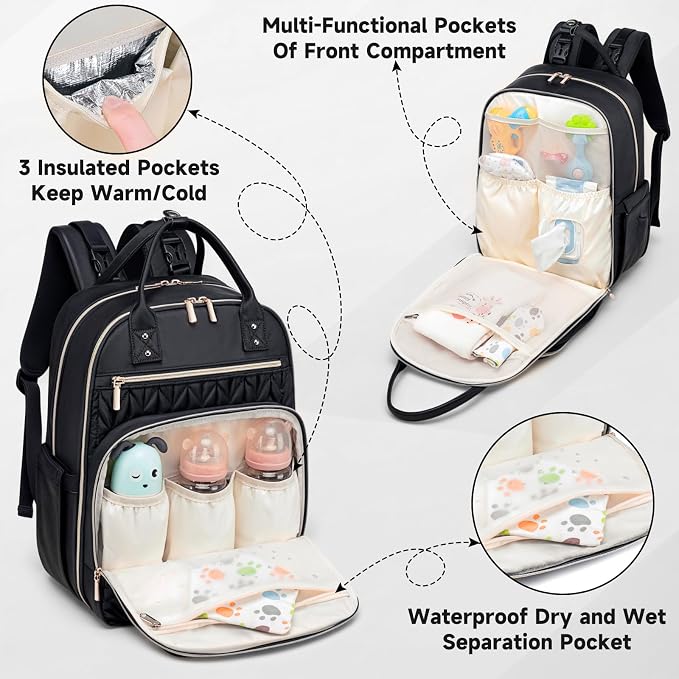 Tealari Diaper Bag Backpack,Stylish Baby Diaper Bag,Waterproof Travel Diaper Backpacks Baby Bags with Changing Pad,Stroller Straps,Insulated Pockets (Black) - Image 3