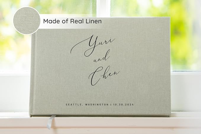 Personalized Linen Guest Book (Design 4) - 9 x 7.5 Hardcover Custom Wedding Guestbook Bride Groom Name Date Location Venue, Reception Ceremony Engagement Party Keepsake Signing Book w/ 120 Blank Pages - Image 3