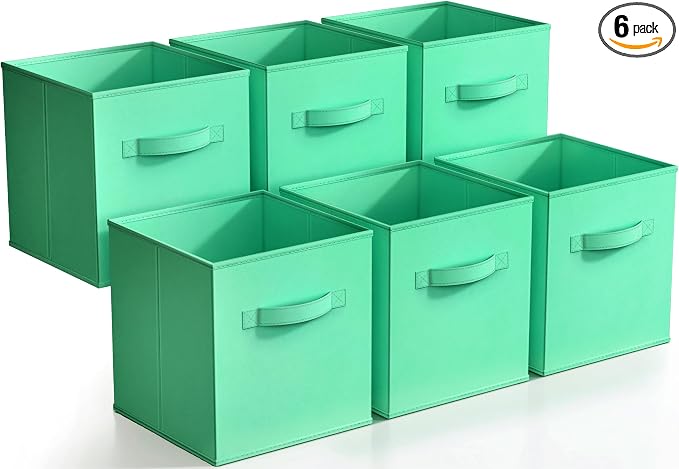Sorbus Foldable Storage Cubes - 6 Fabric Baskets for Organizing Pantry, Closet, Shelf, Nursery, Playroom, Toy Box, Cubby - 11 Inch Dual Handle Collapsible Closet Organizers and Storage Bins (Teal) by Sorbus