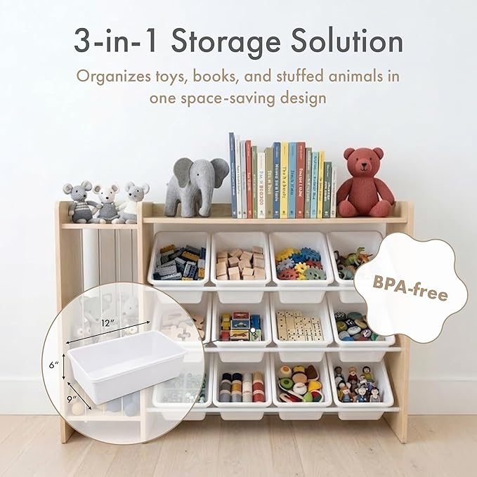 Humble Crew Stuffed Animal Storage, Kids Toy Storage Organizer, Solid Wood | 12 removable bins, solid hardwood, 48 in wide, toddler friendly, easy cleanup, for playrooms, bedrooms, and nurseries - Image 4