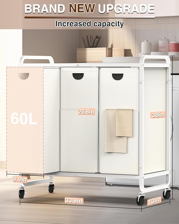 Laundry Hamper 3 Section,Laundry Basket with Wheels,3×15.8 Gal (60L) White | Laundry Room Organization with Wooden Desktop Shelf,Pull-Out and Removable 900D Oxford Fabric Laundry Bags for Laundry Room - Image 6