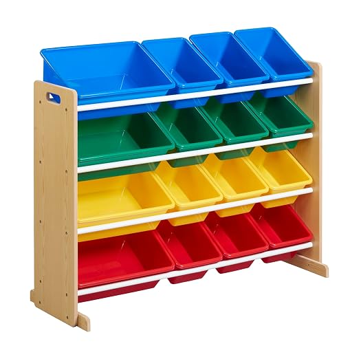 ECR4Kids 4-Tier Organizer with 16 Bins, Toy Storage, Natural/Primary | Durable plastic bins, MDF panels, steel frame, GREENGUARD Gold Certified, 60 lb capacity, anti-tip kit, playroom/classroom by ECR4Kids
