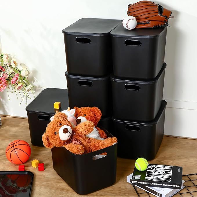 8 Pack Storage Bins, 14.2 X 10.2 X 9.5 Inch Black | Plastic Stackable Containers with Lid Handle, For Shelves Desktop Playroom Office, Organizing Toys Books Supplies Storage - Image 4