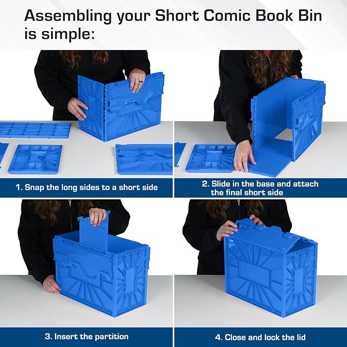 BCW Short Comic Book Bin, Holds 150 Comics Each, Blue, 5 Pack | Each acid-free plastic bin holds 150 Current or Silver Age comics with a locking lid, movable partition, and ID slot. - Image 4