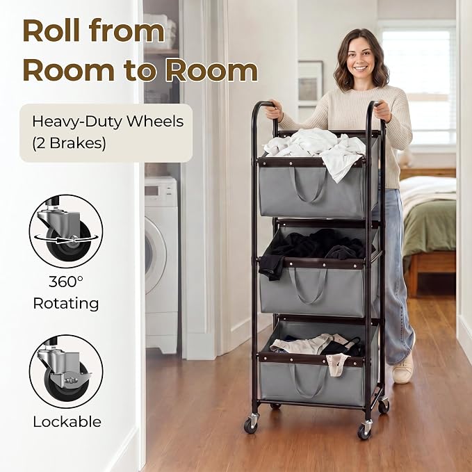 GRANNY SAYS 3 Tiered Laundry Sorter, Narrow Hamper Cart with Wheels | Sturdy 3 Section Laundry Basket with Wheels, Vertical Grey Hamper Cart for Bedroom, Bathroom, Apartment - Image 5