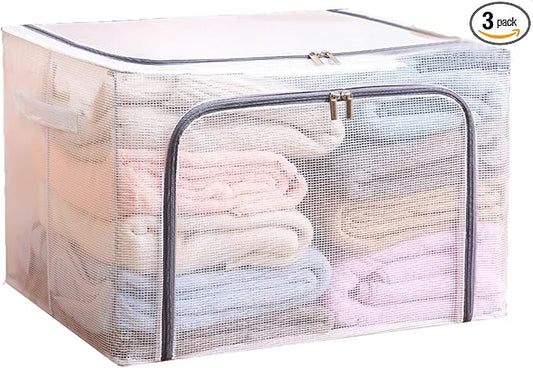 80L Large Foldable Storage Bins Organizer with Durable Handles, Metal Frame, for Clothing | Bed Sheets | Blanket | Comforters | Pillows | Toys, 3 Pack, Clear & Gray Zipper by HANAMYA