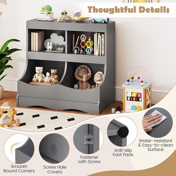 HONEY JOY Kids Toy Storage Organizer, 4-Cubby Wooden Bookcase Cabinet, 2-Tier Open Daycare Shelf for Preschool, Kids Display Bookshelf for Bedroom, Playroom, Classroom & Nursery (Gray) - Image 5