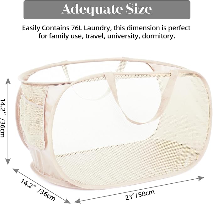 Durable Collapsible Laundry Baskets, Mesh Pop Up Laundry Hamper with Side Pocket, Foldable Clothes Hamper with Reinforced Carry Handles for Laundry, Bathroom, Kids Room, Dorm or Travel 2 Pack Beige - Image 3