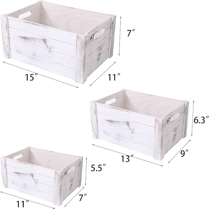 Farmhouse Antique White Wooden Crate For Storage,Rustic Decorative Boxes,Set Of 3 Extra Large Nesting Wooden Storage Crates For Home Decor,Handmade Natural Solid Wood Box (Rustic White) - Image 2
