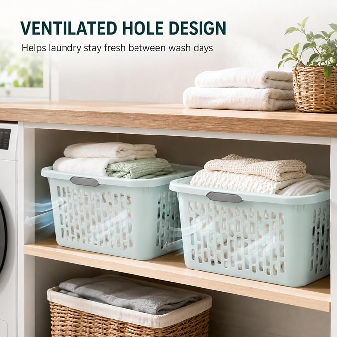 Laundry Basket 2 Bushel Plastic with 4 Handles 6 Pack Mint for Home | 6-Pack 2 Bushel Laundry Baskets with 4 Comfort-Grip Handles – Carries easily from any side. Rectangular ventilation holes. - Image 5