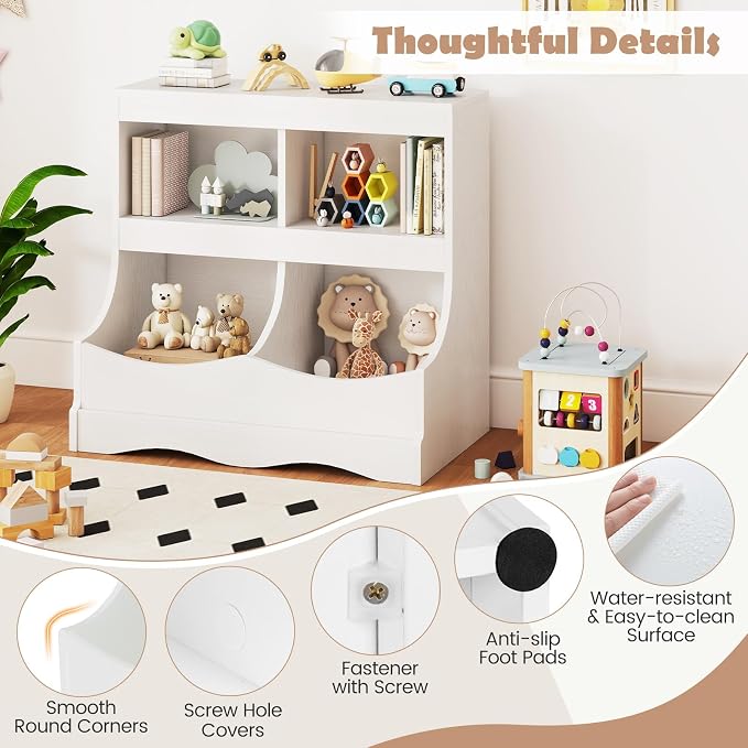 HONEY JOY Kids Toy Storage Organizer, 4-Cubby Wooden Bookcase Cabinet, 2-Tier Open Daycare Shelf for Preschool, Kids Display Bookshelf for Bedroom, Playroom, Classroom & Nursery (White) - Image 5