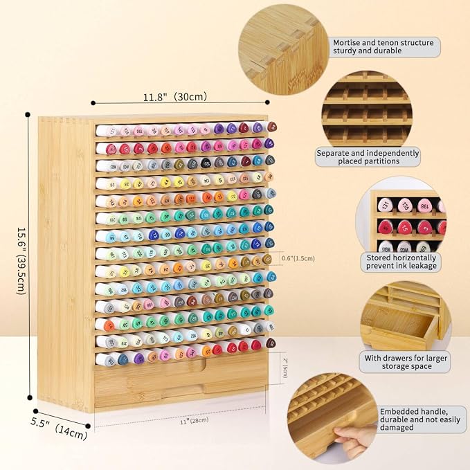 AUTOARK Natural Bamboo Marker Organizer with Drawer, AHK-065 | 182 Slots - Image 2