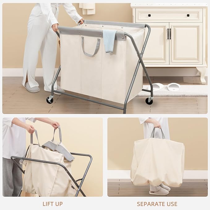 STORAGE MANIAC 160L Collapsible Laundry Hamper with Wheels, Rolling Laundry Basket, Heavy Duty Cloth Sorter with Removable Bag, Folding X Frame Clothes Organizer Cart for Easy to Store, 3 Section - Image 6
