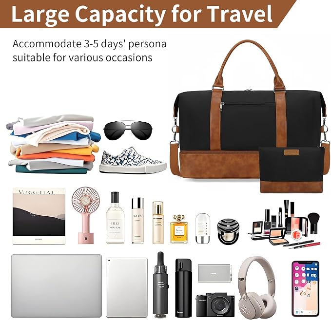Oeihuivt Weekender Bags for Women - 21 Inch Large Travel Duffel Bag 2-Piece Set with Shoe Compartment, Heavy-Duty Canvas & Leather Carry On Overnight Tote (Airplane Approved) - Image 3