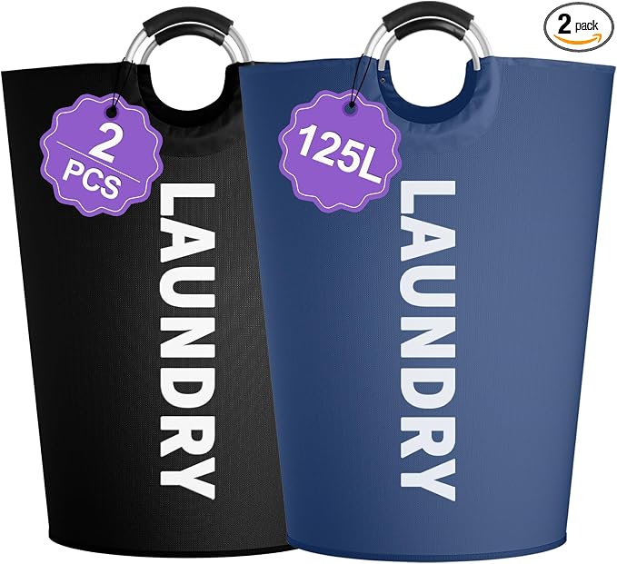 Set of 2 Collapsible Laundry Basket 125L, Tall Laundry Hamper with Comfort Handle, Freestanding Storage Bin for Family, Apartments, Dorm,Black + Navy Blue by IHOMAGIC