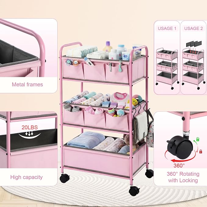 WILLBOND 3 Tier Pink Baby Diaper Caddy Organizer Cart with 4+3 Dividers Large Capacity Metal Utility Bedside Rolling Cart Newborn Registry Nursery Essential Must Have Crib Bedroom Baby Shower - Image 3