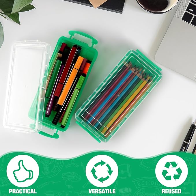 Gueevin 24 Pcs Large Capacity Plastic Pencil Box Clear Plastic Pencil Case Crayon Box with Snap Tight Lid Watercolor Pen Storage Brush Organizer Drawing Tools Container (Green) - Image 4