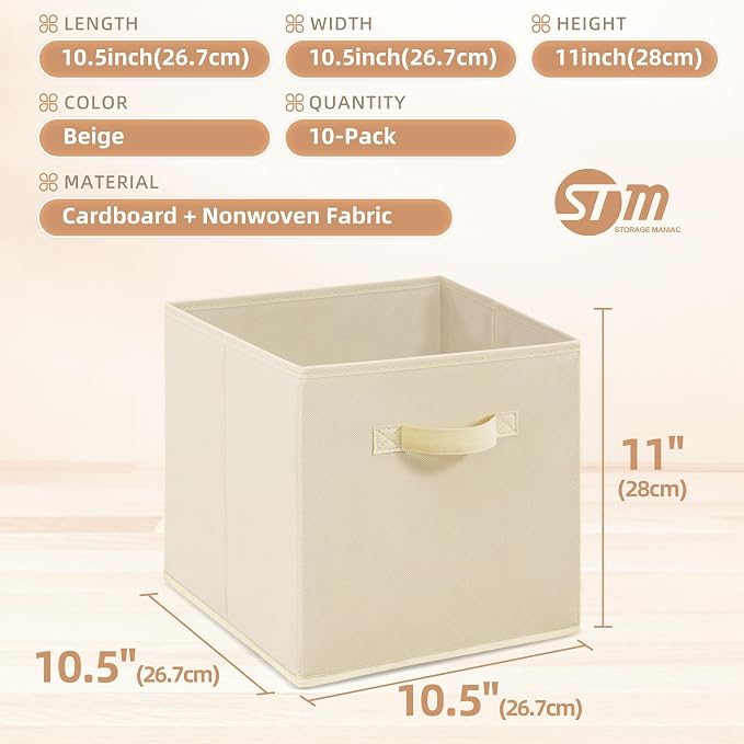 STORAGE MANIAC Storage Cubes, 11 Inch Collapsible Storage Bins with Handles, 10 Pack Fabric Foldable Bins for Organization, Durable Storage Bins for Closet, Shelves, Offices, 10-Pack Beige - Image 5