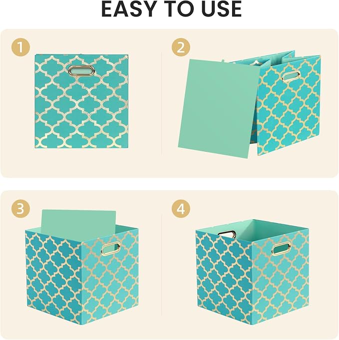 Posprica 11x11x11 Storage Cube Bins, Collapsible Storage Bins Fabric Storage Cubes Organizer Baskets Box Drawers for Shelves, Closet, Wardrobe, Bookshelf, Cabinet, Sky Blue/Gold Lantern, 4 Pack - Image 4