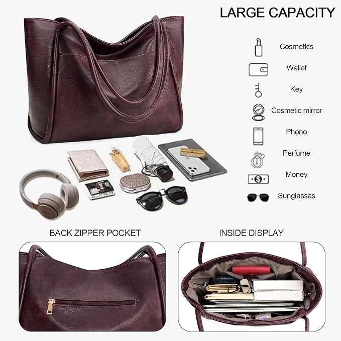 GAEKEAO Tote Bag for Women Vegan Leather Zipper Shoulder Bags Travel Purses | Large Capacity Purse Handbags, Inner Pocket with Key Clip, Fits 14" Laptop, for Casual Work Dating Commute Daily Weekender - Image 4