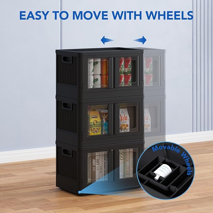 FLEXIMOUNTS 150 QT Stackable Plastic Storage Bins With Lids, Black | Collapsible Foldable Storage Bins with Front Doors and Built-in Wheels, Organizers and Storage for Home, Dorm, 4 Pack Cubes - Image 6