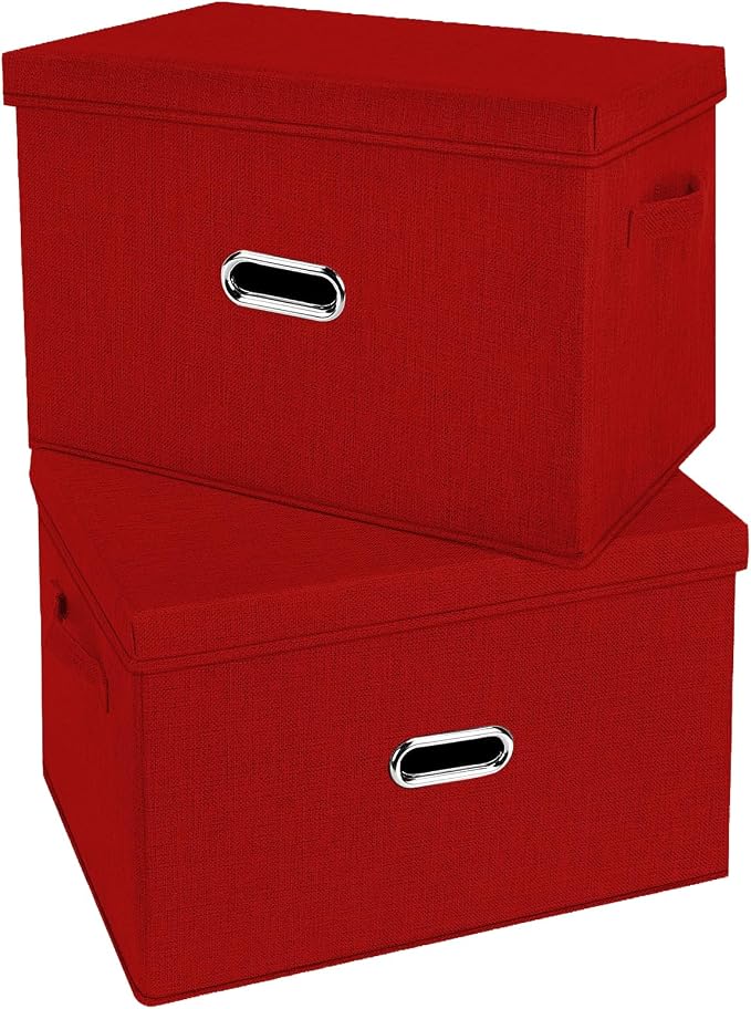 Large Linen Fabric Foldable Storage Bins with Removable Lid and Handles, Washable Storage Box Organizer Containers Baskets Cube with Cover for Bedroom,Office(Red, Extra Large(2-Pack)) by Unknown