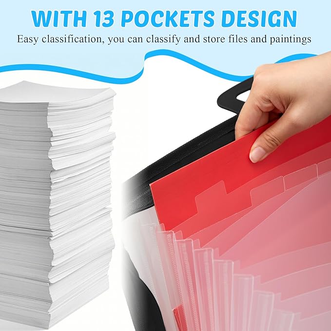 Dunzoom 1 Pack 11 x 17 Art Portfolios, Expanding File Organizer with 13 Pocket for Artwork, Plastic Clear Portfolio Holder Document Binder with Handle, Zipper and 120 Pcs Sticky Labels (Black) - Image 4