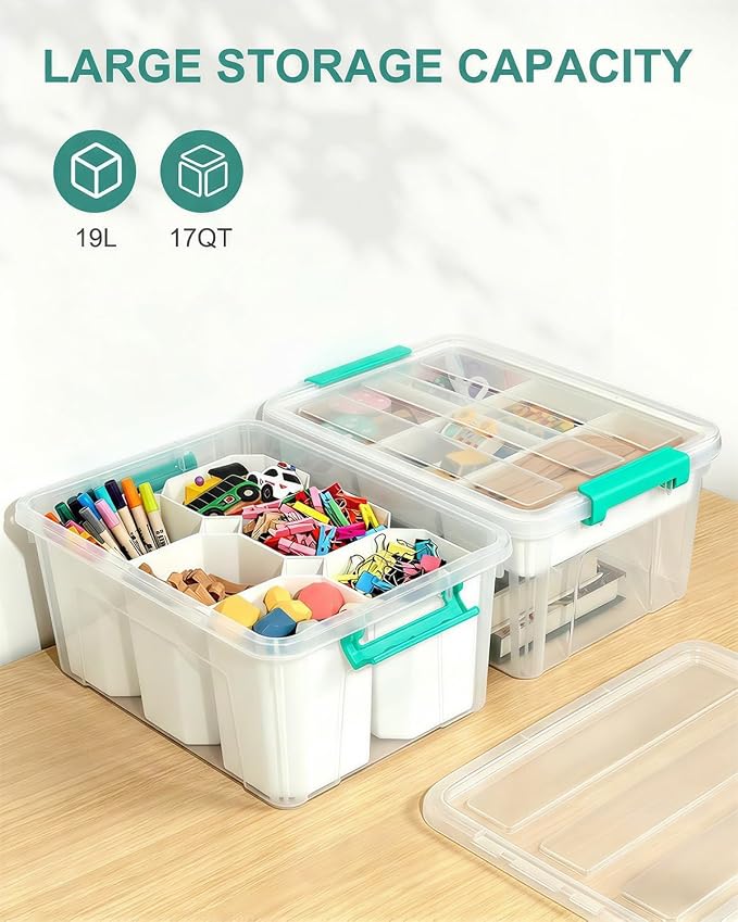 NUMIFUN 17QT Clear Storage Bins with Lids & Dividers for Crafts | Stackable 17-quart transparent box featuring 6 tall removable inserts. Perfect for organizing crafts, tools, toys & crayons - Image 7