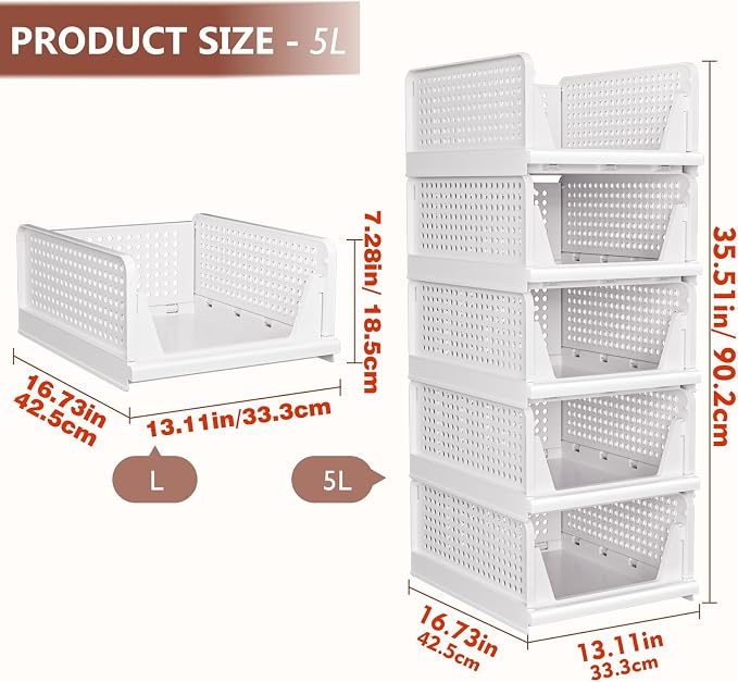 CTSNSLH 5 Pack Closet Organizers Stackable Storage Box | White Stackable Plastic Drawer Bins for Closets, Wardrobes, Kitchens, Bathrooms, Offices - Image 2
